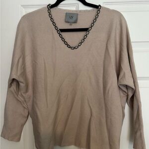 Milano Beige V-Neck Sweater with Chain Accent